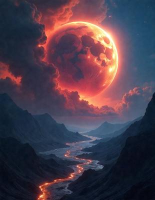 The primary subject of the image is a large, red moon rising over a mountain range. The setting is a dark, cloudy sky, with the moon appearing as a bright, glowing ball. The visual style is a digital art or illustration, creating a dramatic and moody atmosphere. The dominant colors are red and orange, with the moon's glow and the dark sky creating a striking contrast.